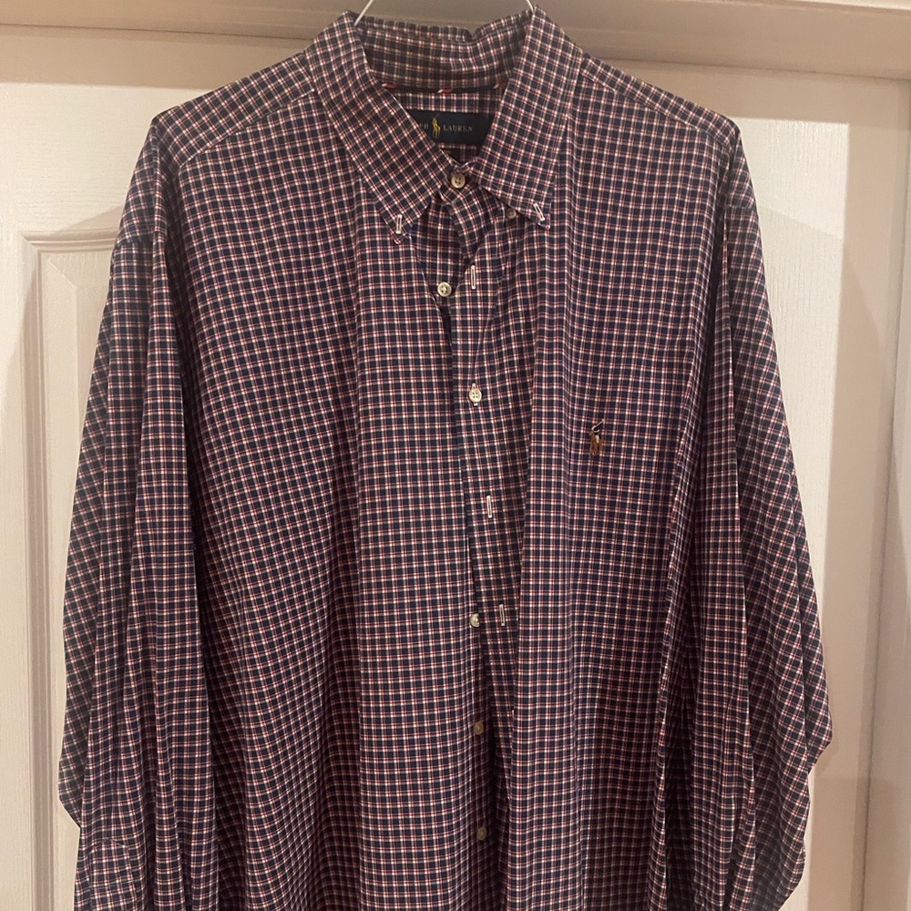 This is a Polo RL  red and blue plaid oxford shirt, size 3X.